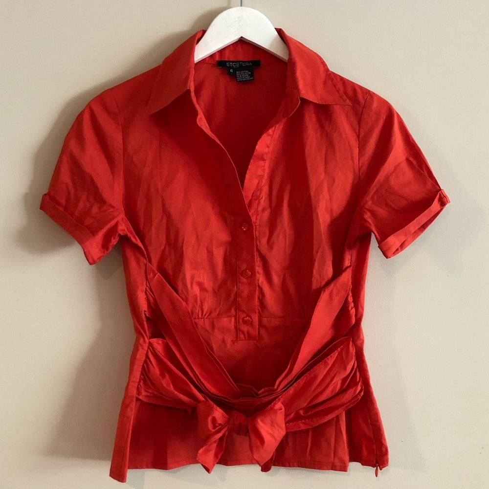 ETCETERA Women’s Orange Red Faux Wrap Button Up 🍊